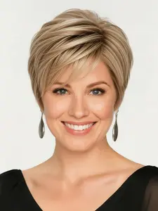 Belle Show Short Wigs for Women, Ombre Blonde Pixie Curly Wig with Bangs, Layered Blonde Natural Daily Use Hair for Parties, Synthetic Hair Wigs, Synthetic Machine Wigs
