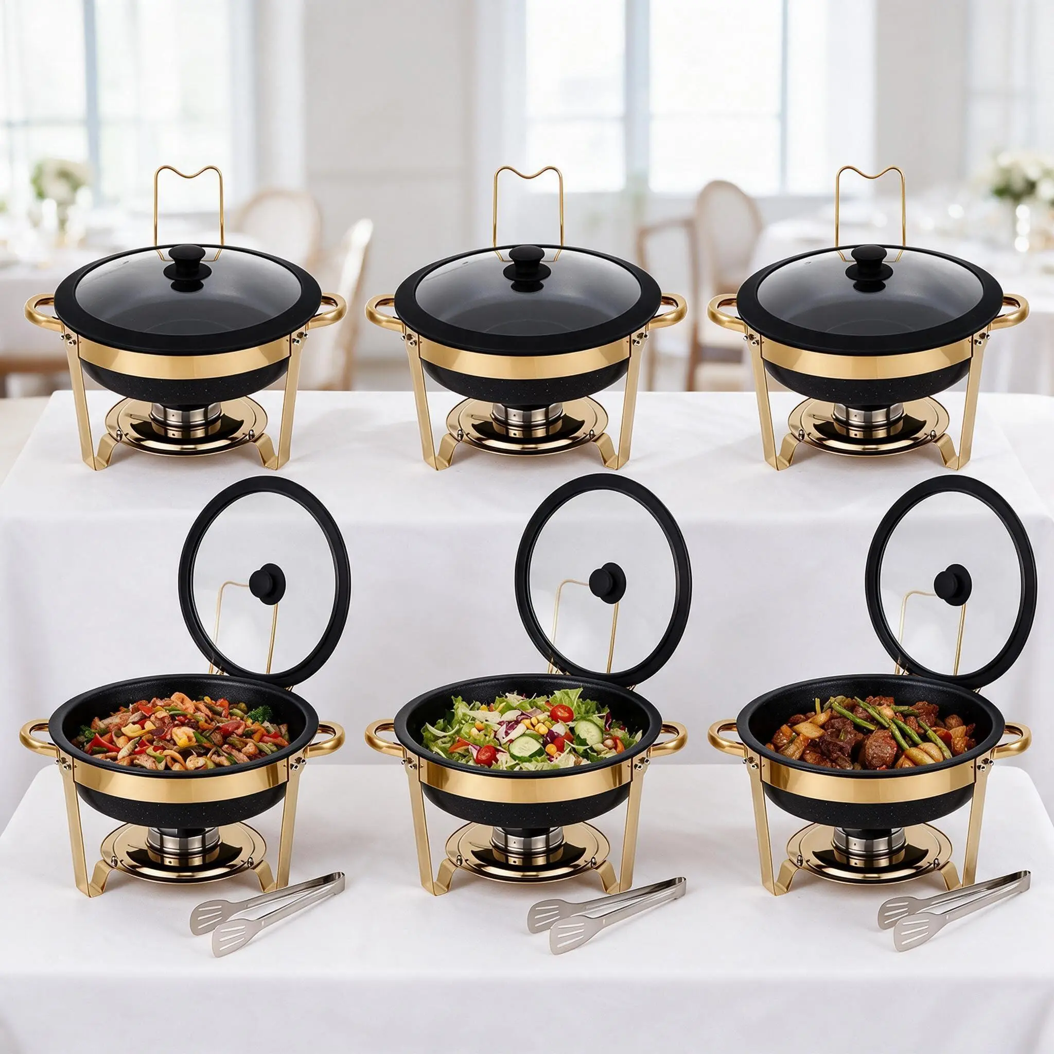 Gaomon 6 Qt Stainless Steel Chafing Dish Buffet Set (6-Piece) with Glass Lids, Drip Trays, Tongs, Black Maifanite Coating, Pans, Rack for Catering, Weddings
