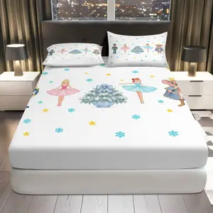 3Pcs Ballet Christmas Stars Fitted sheet Three Piece Set (1*Fitted Sheet+2*Pillowcases, Coreless), Festive theme, Nutcracker Snowflakes Bedding Set, Mattress protector Soft, Breathable