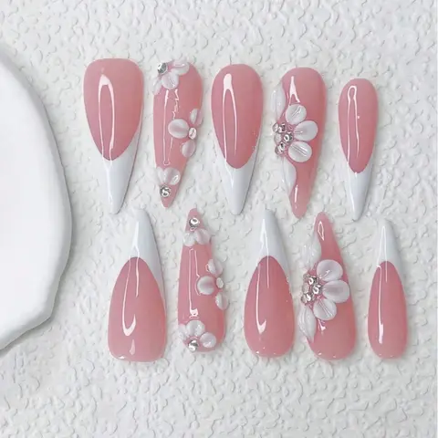 Elegant French Long Almond False Nails, 3D Flower Rhinestone Embellished, Glossy Acrylic Flower Design Nails for Holidays & Daily Wear, Ideal Gift for Women & Girls, Almond Fake Nails