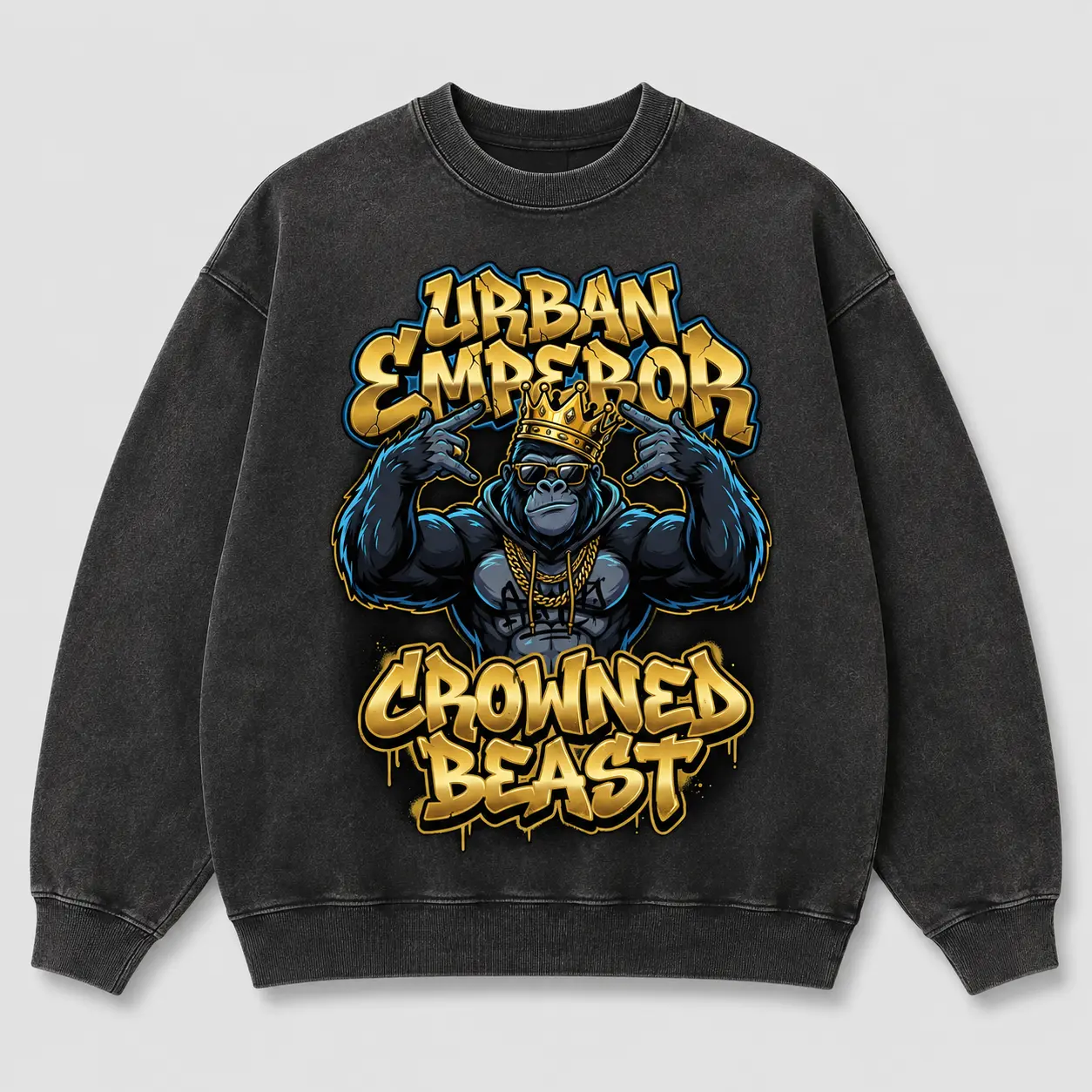 Urban Emperor Gorilla Graphic Washed Sweatshirt for Men Women, Black Crew Neck Long Sleeve Pullover, Crowned Beast Streetwear Top, Vintage Graffiti Style Casual Sweatshirt, Size S-5XL