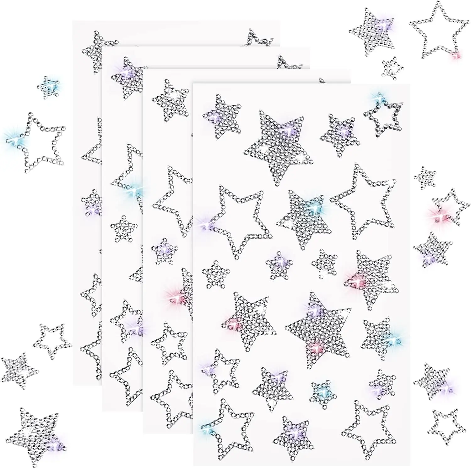 Epakh 84 Pcs/4 Sheets Rhinestone Star Stickers for Craft Headphone Decor Silver Glitter Star Car Decal Sparkly Crystal Self Adhesive Bling Sticker for Face Makeup Window Laptop Package Gift Decoration