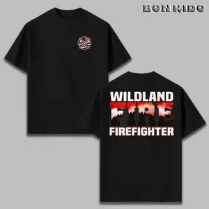 Wildland Firefighter T-Shirt, Bold FIRE Lettering with Forest Silhouette Graphic in Red & Black, Bug Media Graphic Shirt, Forest Firefighters & Smokejumpers, Gift for Wildfire Responders & Rescue Teams