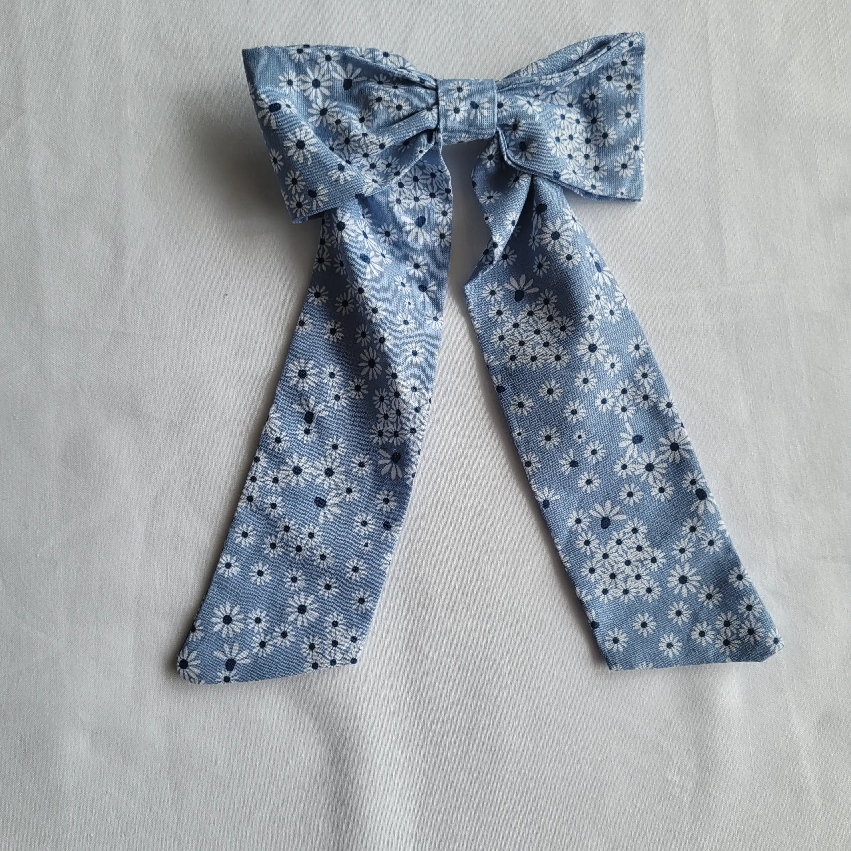 Light Blue Bow with White Floral Handmade Hairbow