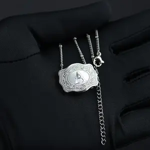 Initial Letter Pendant Necklace withEmbossed Belt Buckle,2 Chains Included,Rhodium-Plated,Tarnish-Resistant,18" ExtenderLength