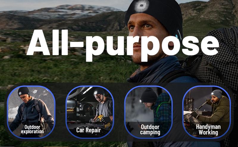 Bluetooth Beanie with a Light, Unisex USB Rechargeable 4 LED Fashlight Hat with Cordless Headphones, Unique Christmas Birthday Gifts for Men Him Husband Teen Black