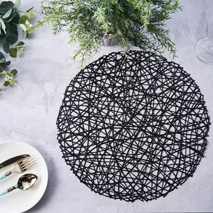 6-Pack Vinyl Placemats 15" Black Woven Design - Decorative Non-Slip Round Table Mats