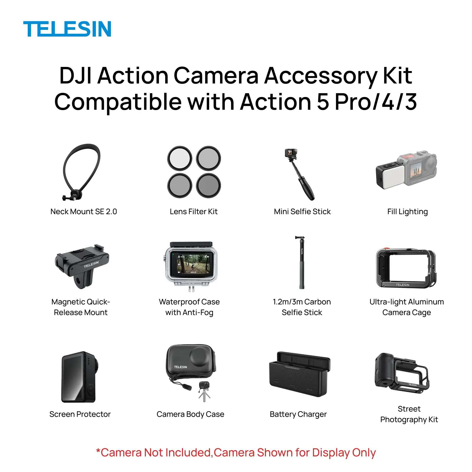 【TikTokShopStockUp】TELESIN DJI Osmo Action 5 Pro/4/ 3 Akaso, Accessories Kit – Waterproof Case, Aluminum Cage, Magnetic Quick-Release Mount, Lens Filter Kit, Mini Fill Light, Selfie Stick, Camera Case & Screen Protector
