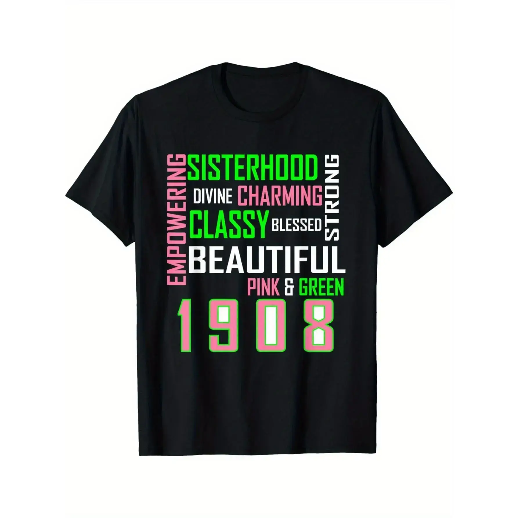 Empowering Women's AKA Sorority Graphic T-Shirt |   Loose Fit, Black with Pink & Green Print, 1908 Year of Establishment Design, Machine Washable, Casual WearCHEN JX Shop