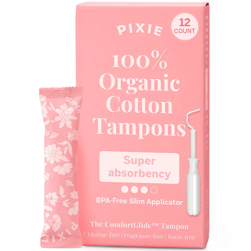 Pixie Organic Cotton Tampons – Super Absorbency – BPA-Free Long Applicator – Unscented, Chlorine-Free Feminine Care – 12 Count