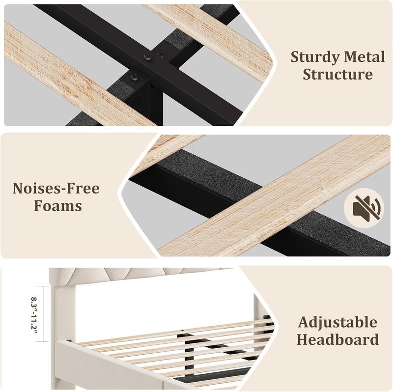 GAOMON Beige Twin Upholstered Bed Frame, Heavy-Duty Platform Bed Frame with Upholstered Headboard & Strong Wood Slats, No Box Spring Needed/Noise Free/Easy Assembly
