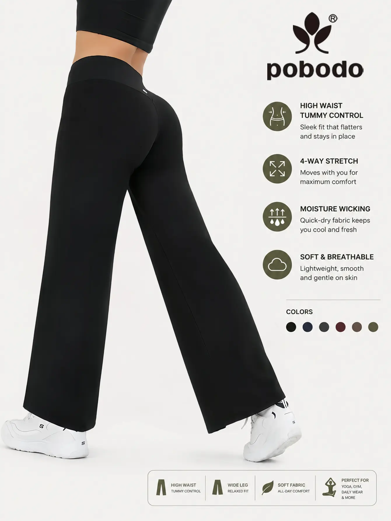 POBODO Women's Stretch Polyester Spandex Bottoms, High Waist Wide Leg with Tummy Control, Butt & Hip Lift, Comfy for Yoga & Lounge