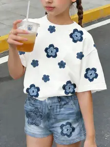 Girls' Floral Denim Print Set, Summer Casual 2-Piece, Comfortable Elastic Waist Pants, Perfect for Outdoor Activities, Ages 4-12