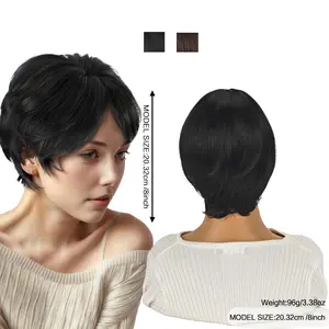 8 inch Straight Short Bob Hair Flat Bangs Cute Central Dot Skin Top Heat Resistant Synthetic Wigs (Coffee brown)