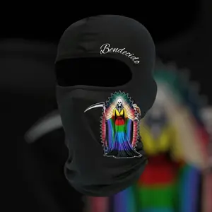 BENDECIDO DEPT Angel of Death Seven Petitions Mask with Vibrant Rainbow Design and Bold Lettering