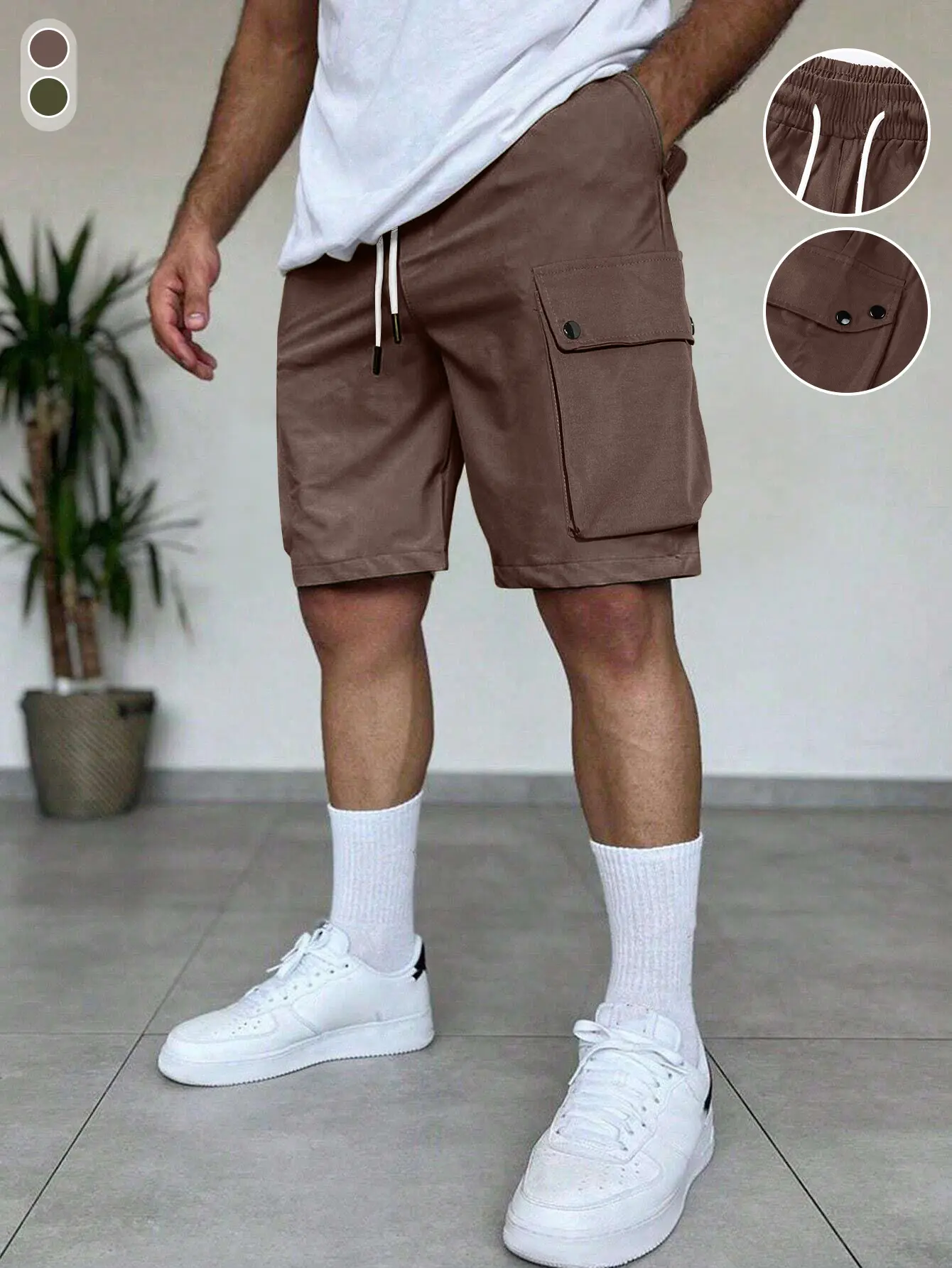 Men’s cargo casual shorts made from lightweight, skin-friendly, wear-resistant fabric. Features a structured yet relaxed fit, drawstring elastic waistband, and urban utility styling. Comfortable mid-thigh shorts for summer.