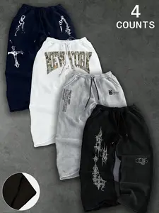 Men's 4-Piece Set Young Fitness Muscle Trendy Letter Print Pants, Casual Straight Fit, Comfortable Street Sport Style, Fitted Design Activewear, Spring & Fall, Fitness Training Pant, Casual Sports Pants, Athleisure Style Pants, Workout Pants
