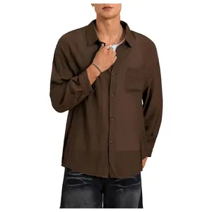 Long Sleeve Oversized Tshirts Button Down Collared Baggy Casual Shirt with Pocket