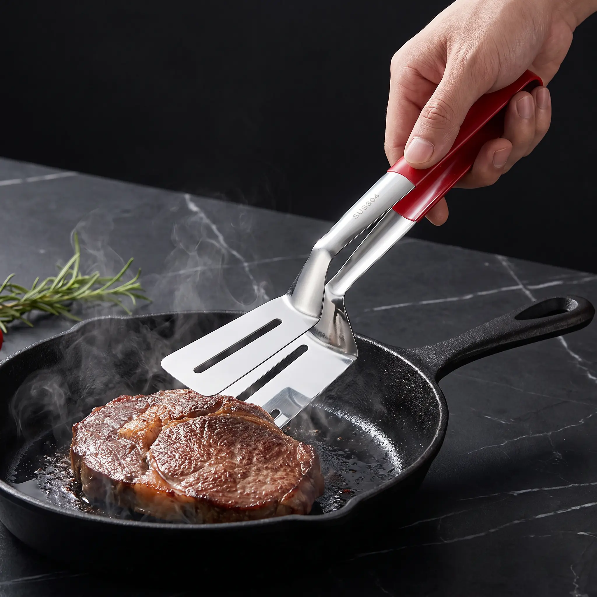 【SummerWins】2-in-1 Stainless Steel Spatula Tongs, Kitchen Steak Flipping & Serving Clip, BBQ Grill Tool