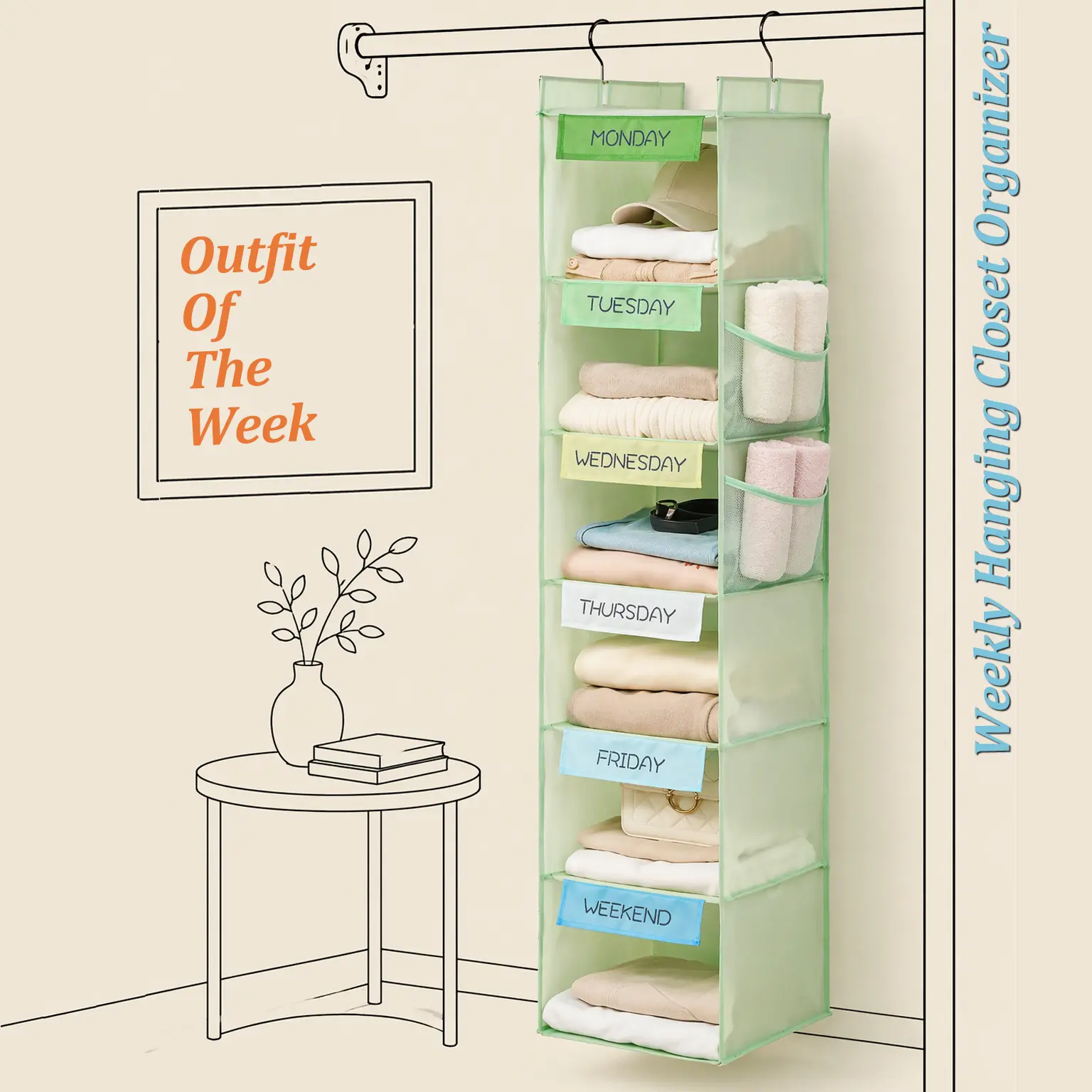 Hanging Closet Organizer and Storage, 6-Shelf with 2 Side Pockets Closet Hanging Storage Shelves, Wardrobe organizer, Weekly Hanging Closet Organizer, Weekly Clothes Organizers, ADHD Organizer
