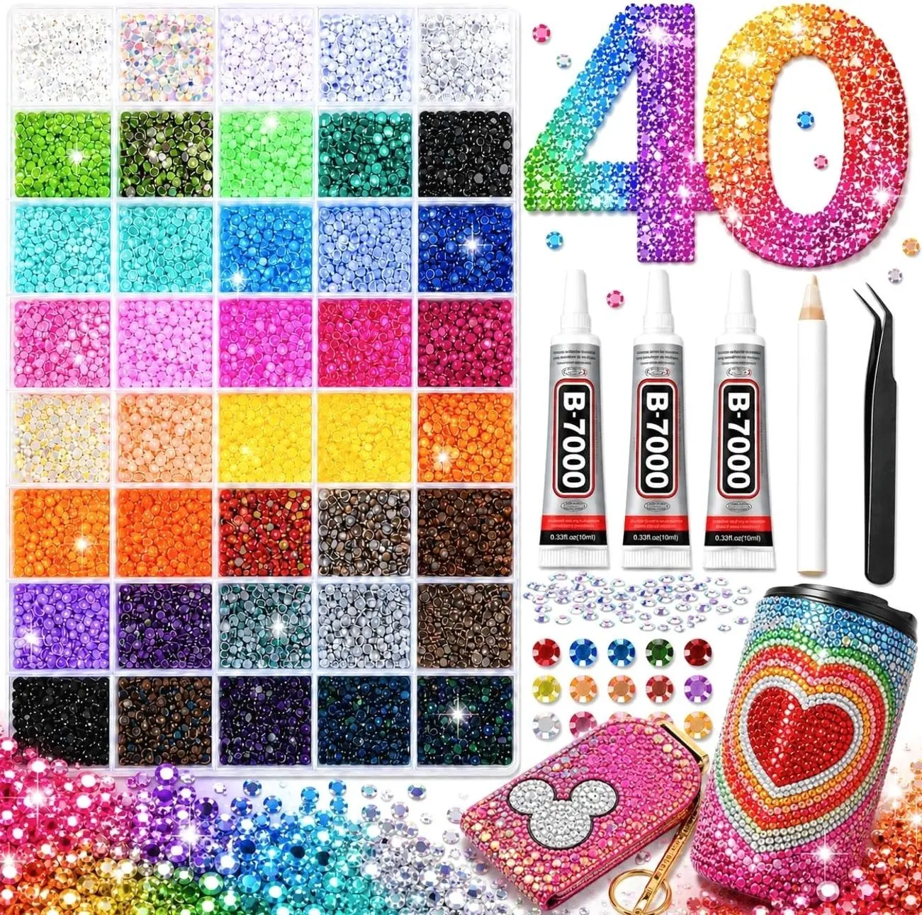 40000Pcs 40 Colors Jelly Resin Kit, Bedazzling Kit, Bedazzler Kit with Rhinestones, 3mm Flatback Gems with B7000 Glue & Tools for Crafts, Nails, Shoes