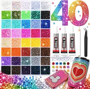 40000Pcs 40 Colors Jelly Resin Kit, Bedazzling Kit, Bedazzler Kit with Rhinestones, 3mm Flatback Gems with B7000 Glue & Tools for Crafts, Nails, Shoes
