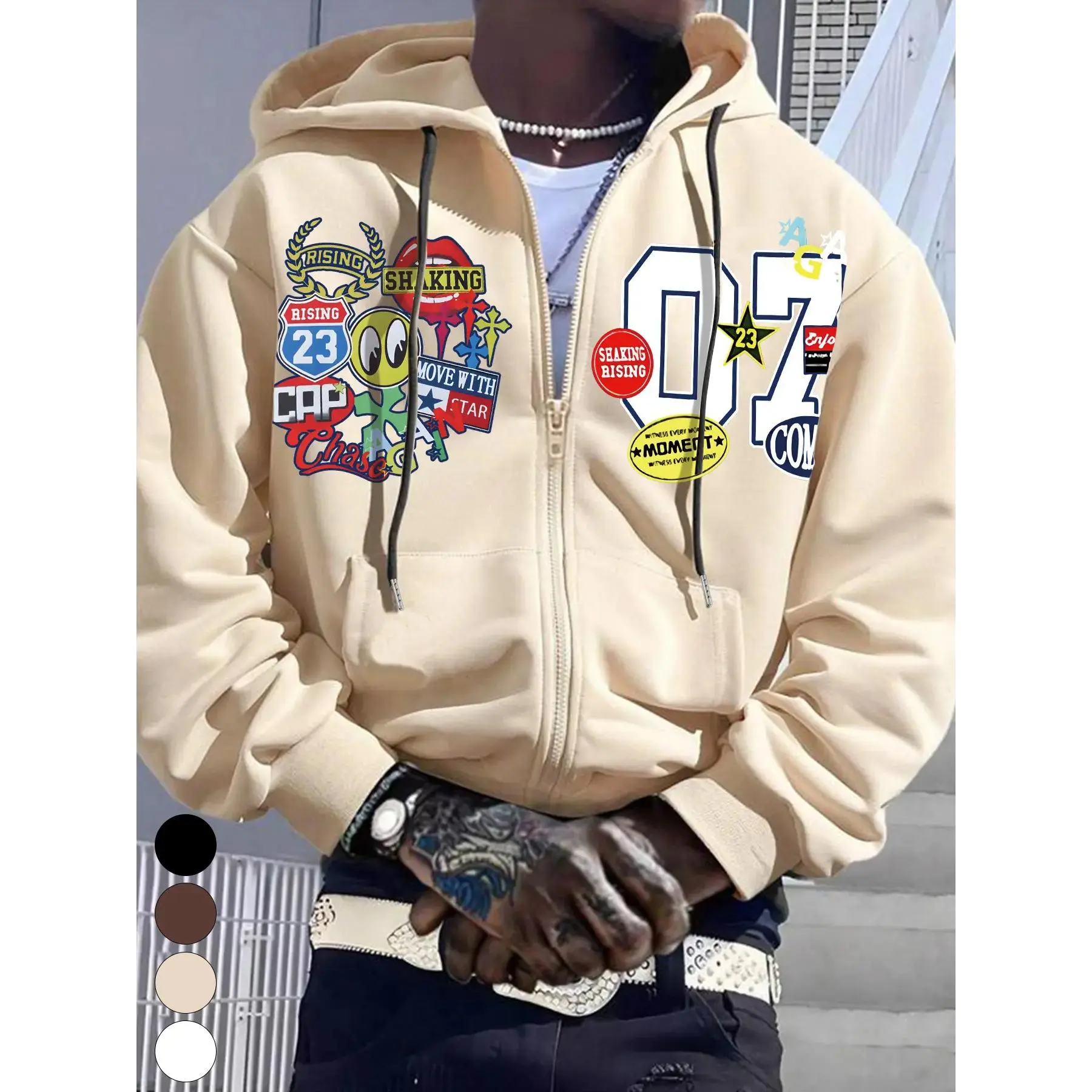 Men's Hooded Zipper Sweatshirt with Colorful Graphics, Street Style Hoodie for Casual Wear, Available in Colors