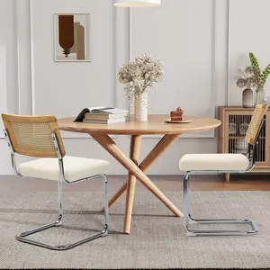 Set of 2 Mid-Century Modern Dining Chairs with Rattan Back and Polished Chrome Frame, Cesca Chairs, Upholstered Seat, Perfect for Dining Room and Kitchen summergarden