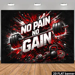 2D Flat Banner Polyester Photography Backdrop, Fitness Gym Workout Theme with "No Pain No Gain" Slogan, HD Digitally Printed Soft Lightweight Foldable Background Cloth for Studio Background, Product Photos, Video Content, Party De