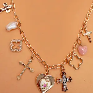 Charm Necklace-Clover Cross Porcelain Flower