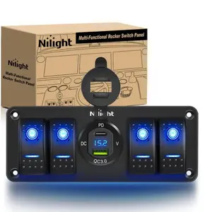 Nilight 4Gang Aluminum 5Pin ON/Off Blue Rocker Switch Panel w/ PD Type C & QC 3.0 Dual USB Charger Voltmeter