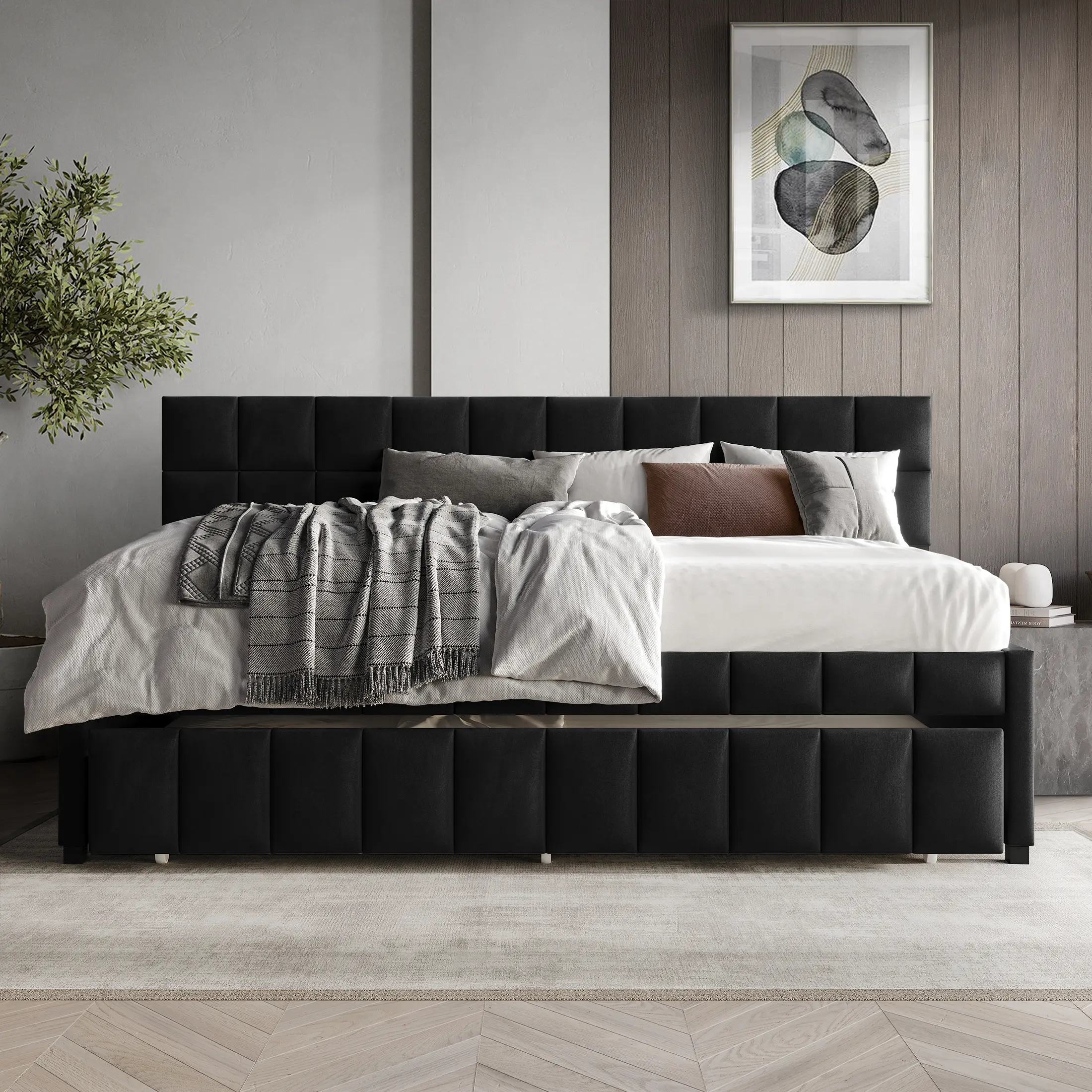 ChaletPosh Velvet Daybed with Trundle – Square Stitching, Modern Design