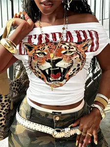 Women's Y2K Leopard Print Off-Shoulder Top, Fitted Floral Design, Short Sleeve Casual T-Shirt, Perfect for Streetwear & Daily Wear