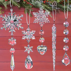 21Pcs Crystal Christmas Ornaments for Christmas Tree Decorations, Hanging Crystals Acrylic Snowflake Icicle Ornaments Set W/Drop Pendants for Winter Wonderland, Holiday Home Decor Party Supplies Jishi