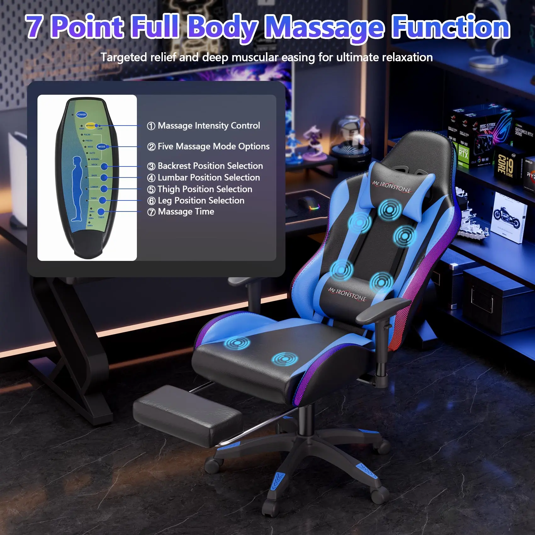 Sleek Blue (LED Lights+ Speakers+7-Points Massage)