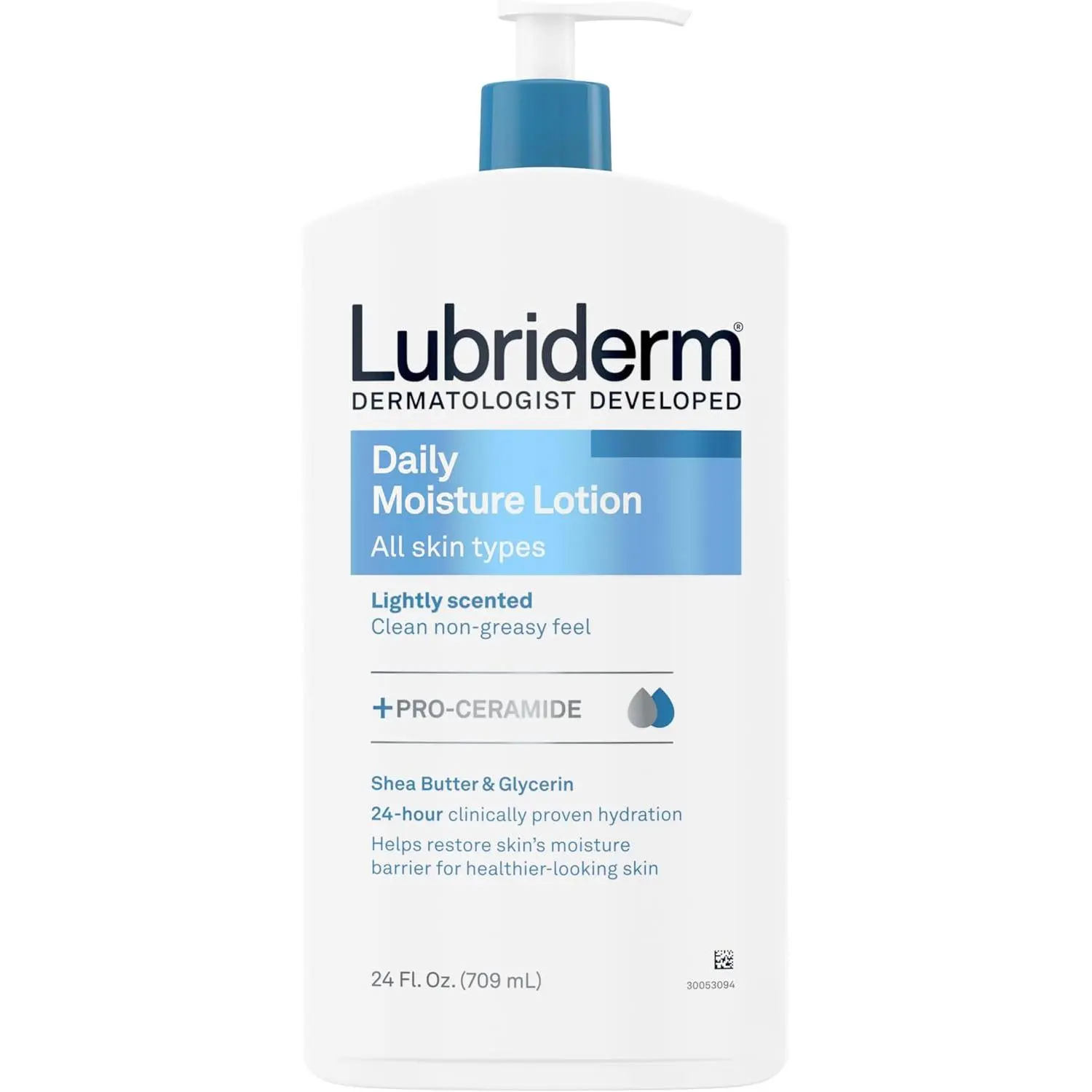 Lubriderm Daily Moisture Lotion + Pro-Ceramide, Shea Butter & Glycerin, Hydrating Face, Hand & Body Lotion, 24-hour Moisturizer for Dry Skin, Paraben & Dye Free, Scented, Non-Greasy, 24 FL OZ