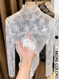 Women's Lightweight High Neck Lace Long Sleeve Ruffle Base Layer Top, Elegant Summer Fashion, Comfortable and Stylish Women's Clothing