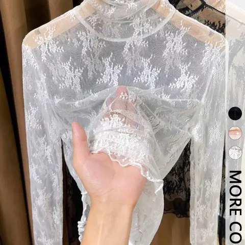 Women's Lightweight High Neck Lace Long Sleeve Base Layer Top, Body Hugging Tops, Blouse, Elegant Summer Fashion Lettuce Trim Top, Comfortable and Stylish Women's Clothing, Womenswear, Lady