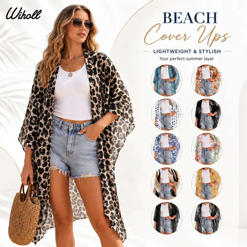 WIHOLL Women's Chic Boho Polyester Kimono - Quick-Dry, Loose Casual Cardigan with Tropical Flowy Sleeves, Floral Print Coverups for Bathing Suits, Swimsuit Cover Ups, Bikini-Ready Layer, Transition Piece for Concerts, Denim Shorts
