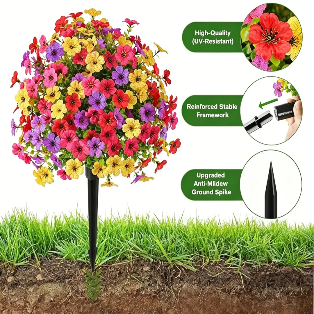 Durable UV-Resistant Outdoor Fake Plastic Plants with Ground Stakes - Decorative Flower Bushes (Daisies, Roses, Wildflowers) for Garden Ornaments, Fashion Flower Arrangement Home Decor Gifts