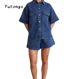 Women Summer Outfits Solid Color Denim Button up Short Sleeves Shirt and Elastic Shorts Club Streetwear Fashion Clothes