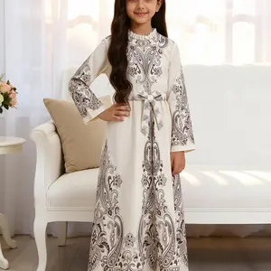 Girls' Muslim Style Dress, Kids Girls Clothing, Elegant Ethnic Design, Vintage Floral Long Sleeve Tie-Waist, Perfect for Festivals & Formal Occasions