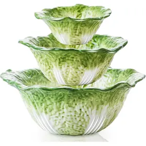 Green Cabbage Serving Bowl Set of 3 for Kitchen - Extra Large 60oz, 16oz, 5oz Nesting Mixing Bowls, Porcelain Dishes for Salad, Entertaining, Fruit, Vintage, Decorative, Ceramic Pho Soup Tureen Saladbowl Dinnerware Sets