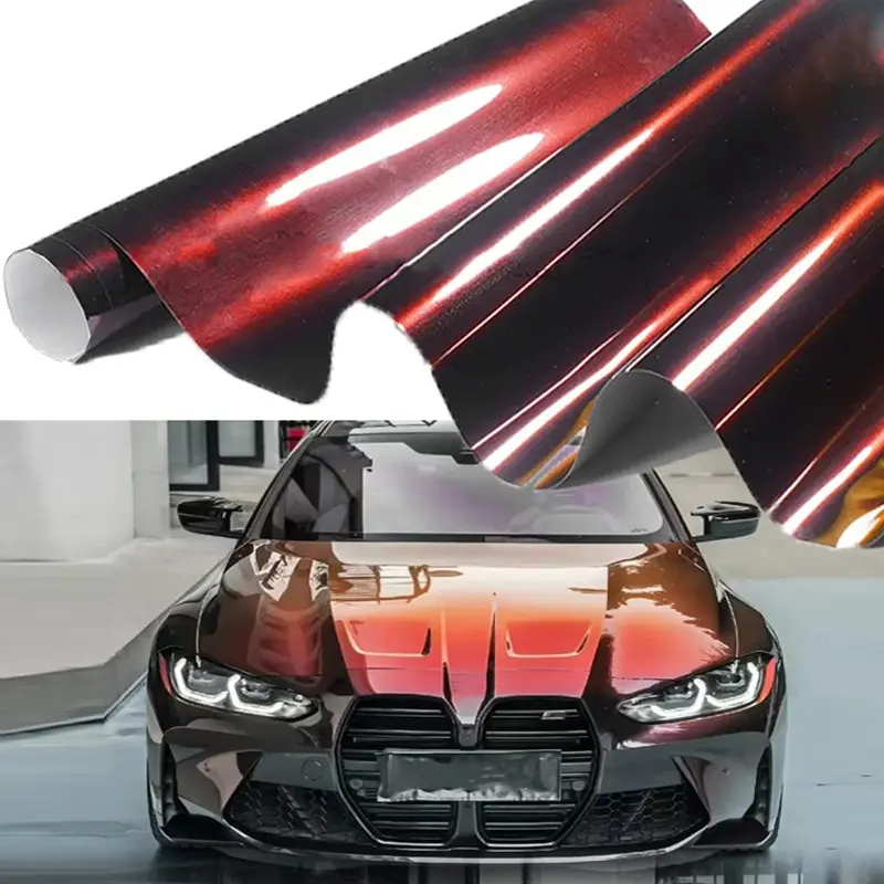 Highest Quality PET Ultra Glossy Flowing Black Red Chameleon Vinyl Wrap Film Madeira Red Car Sticker Decal For Cars With Air Bubble Free