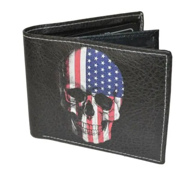 Leatherboss Branded Men's Genuine Leather Bifold Wallet - USA Skull Print, 6 Card Slots, 2 ID Windows, 2 Money Pockets, Exotic Designer Style, Gift Boxed