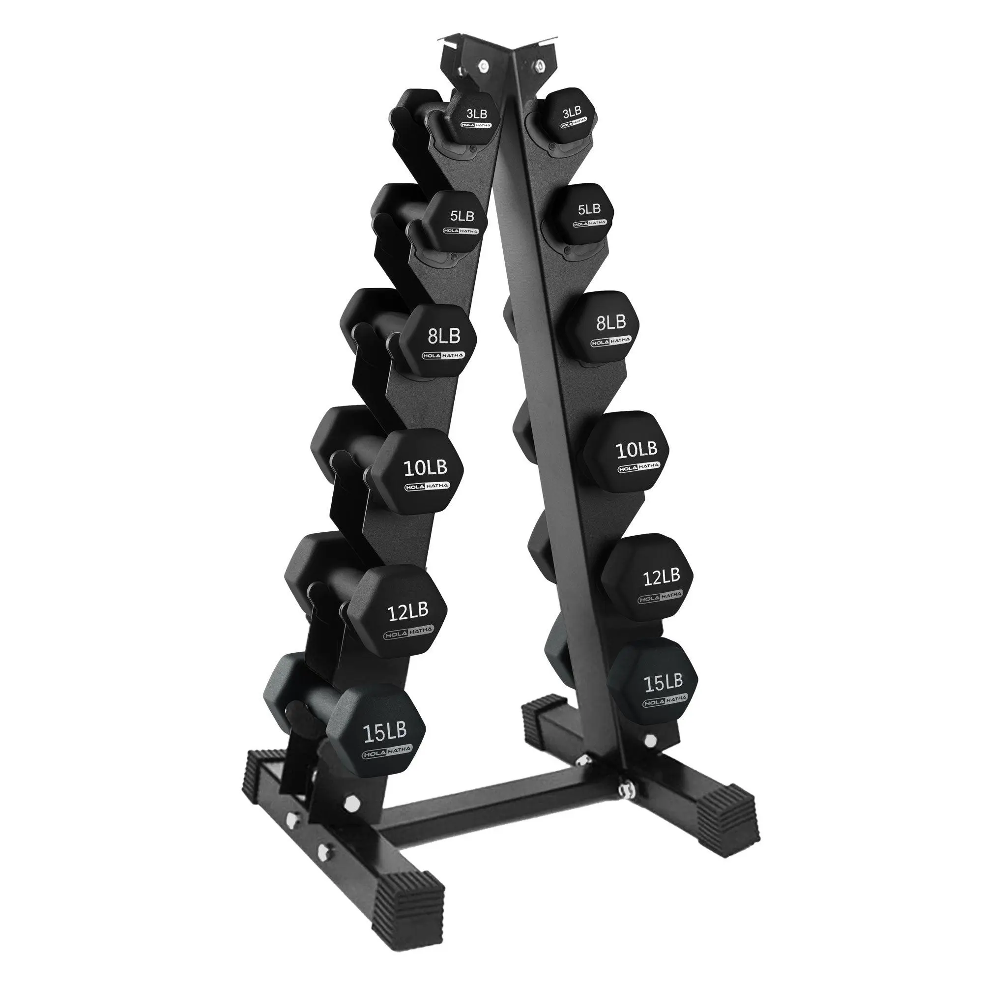 HolaHatha 3, 5, 8, 10, 12 & 15 Pound Neoprene Dumbbell Weight Set w/Storage Rack HolaHatha 3, 5, 8, 10, 12 & 15 Pound Neoprene Dumbbell Weight Set w/Storage Rack