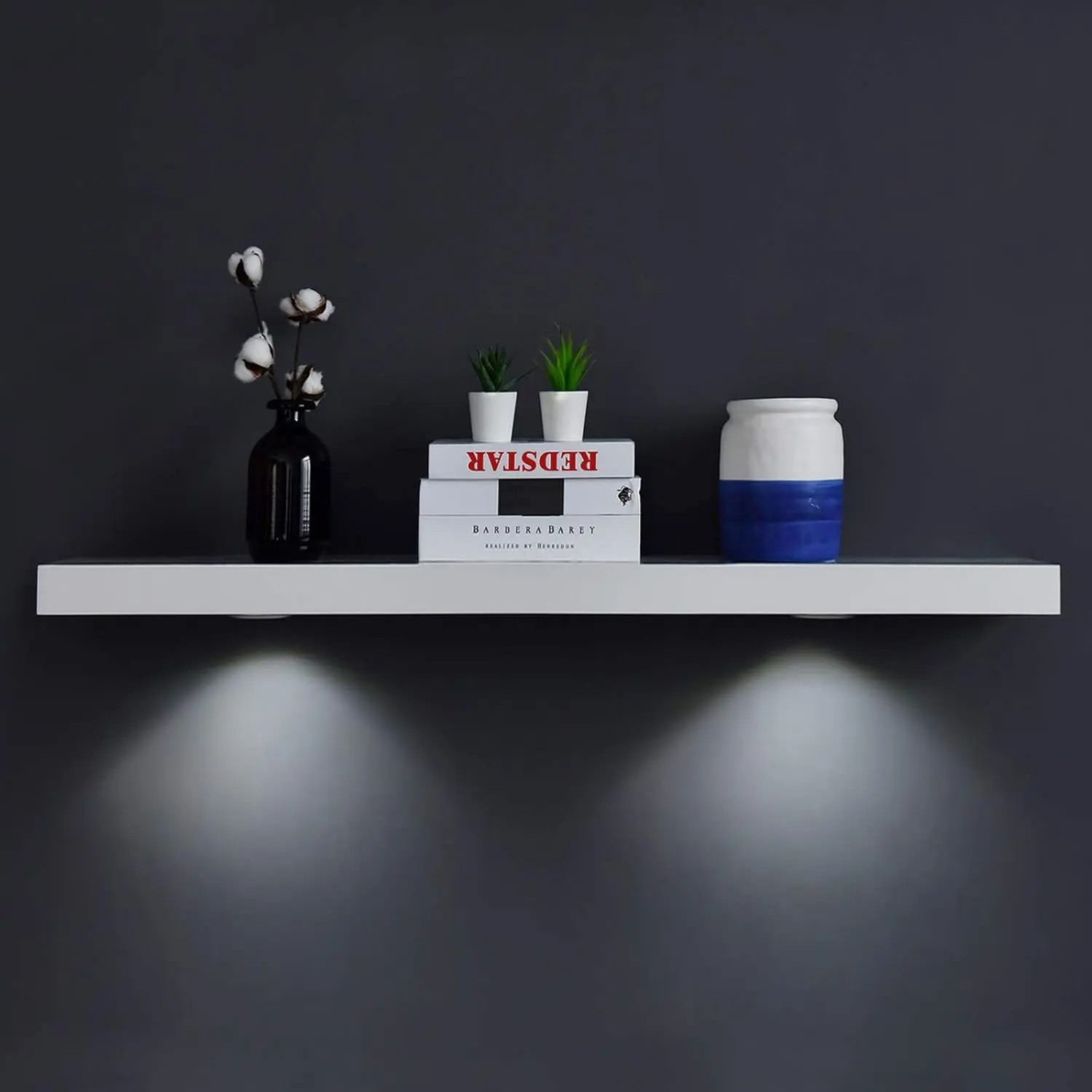 WELLAND White Floating Shelf with Touch-Sensing Battery Powered LED Light,Wall Mounted Display Shelves for Entrance, Living Room, Bedroom, Kitchen and Bathroom (48-INCH, White) WELLAND