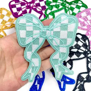 CY 8pcs Glitter Checkerboard Bow Iron On Patches Embroidered Applique for Trucker Hats Clothes Sweatshirt Jackets Bags DIY Decoration,Sky Blue