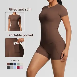 New solid color double-sided nylon brushed short-sleeve yoga outfit set for sports, running, and fitness two-piece set
