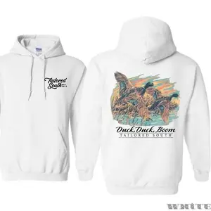 Tailored South Hoodie - Featuring Front Script Logo, And Back Graphic Of Flying Ducks Over Marsh With Duck, Duck, Boom Text, Designed For Waterfowl Hunters And Outdoor Lifestyle Fans Who Appreciate Nature-Inspired Art And Southern Style